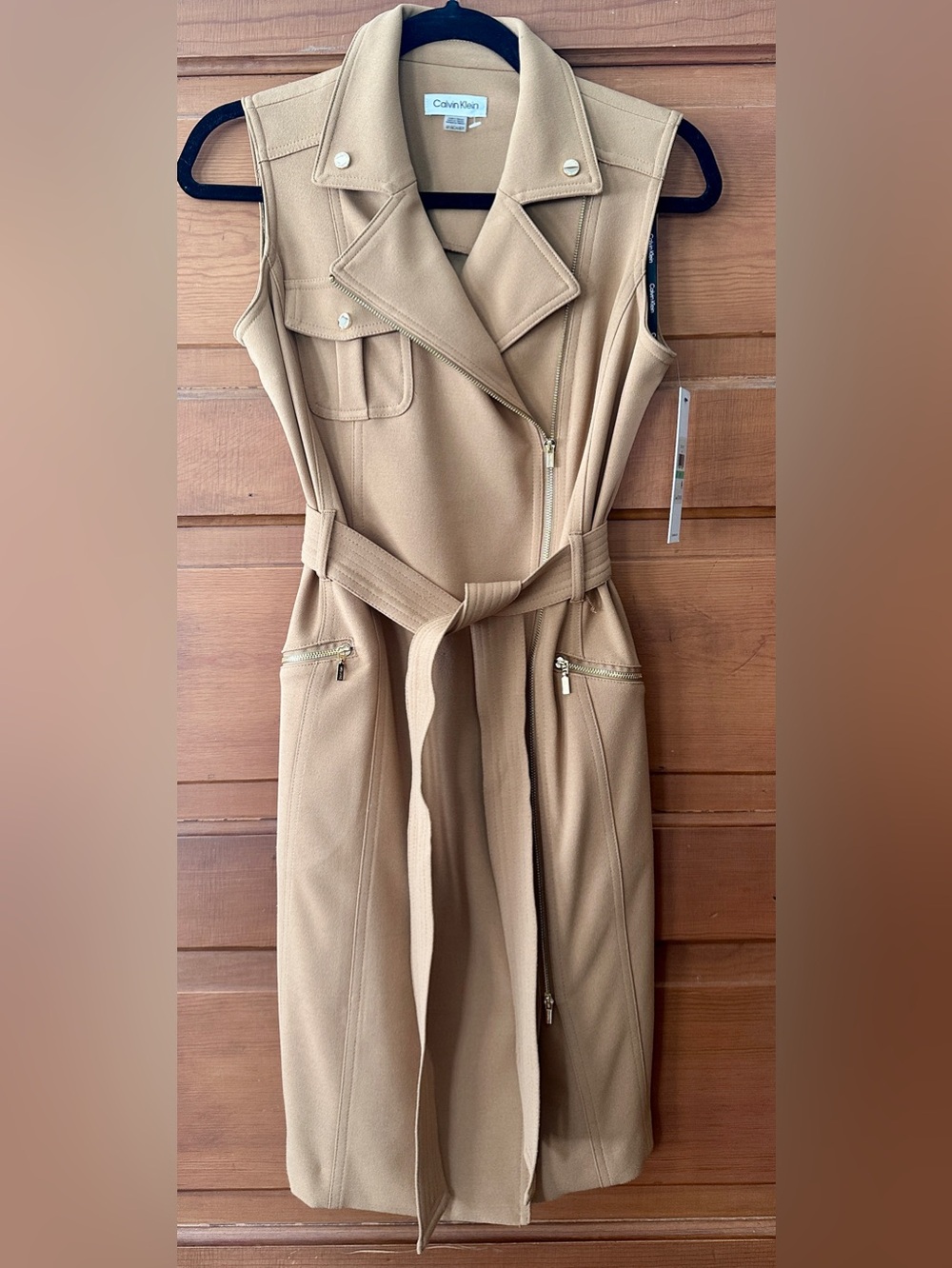 Calvin Klein Sleeveless Midi Trench Dress in Camel NEW NWT, Sz 8P GOLD ACCENTS!